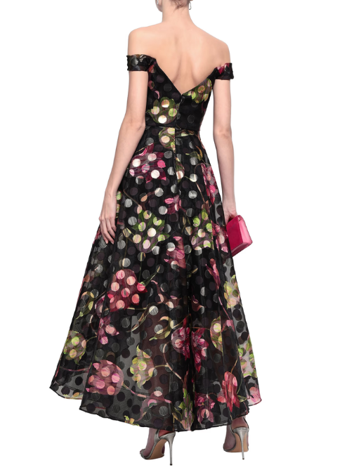 Off-The-Shoulder Floral-Print Metallic Fil Coupé Organza Gown Black