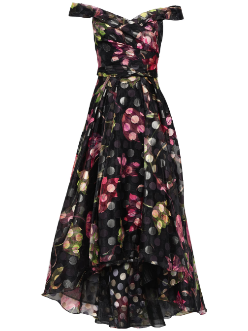 Off-The-Shoulder Floral-Print Metallic Fil Coupé Organza Gown Black