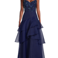 Beaded Organza Frill Ballgown Blue