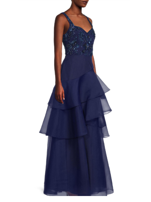 Beaded Organza Frill Ballgown Blue