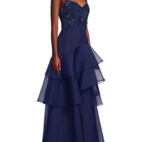 Beaded Organza Frill Ballgown Blue