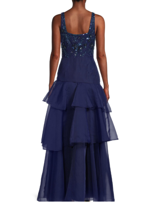 Beaded Organza Frill Ballgown Blue