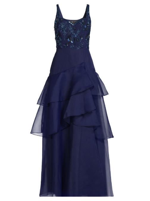 Beaded Organza Frill Ballgown Blue
