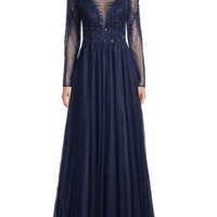 Beaded Tulle Gown Blue