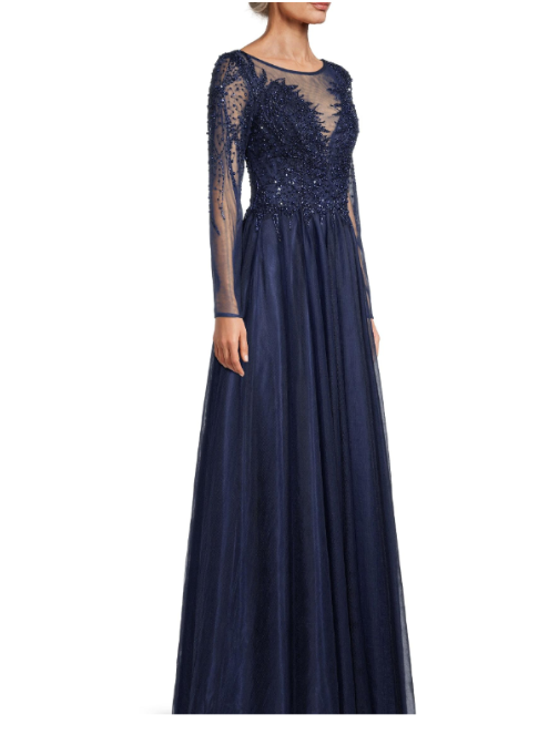 Beaded Tulle Gown Blue
