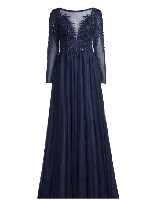Beaded Tulle Gown Blue
