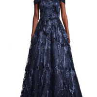 Sequin-Embroidered Off-The-Shoulder Gown Blue