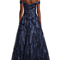 Sequin-Embroidered Off-The-Shoulder Gown Blue