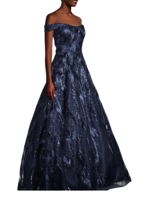 Sequin-Embroidered Off-The-Shoulder Gown Blue