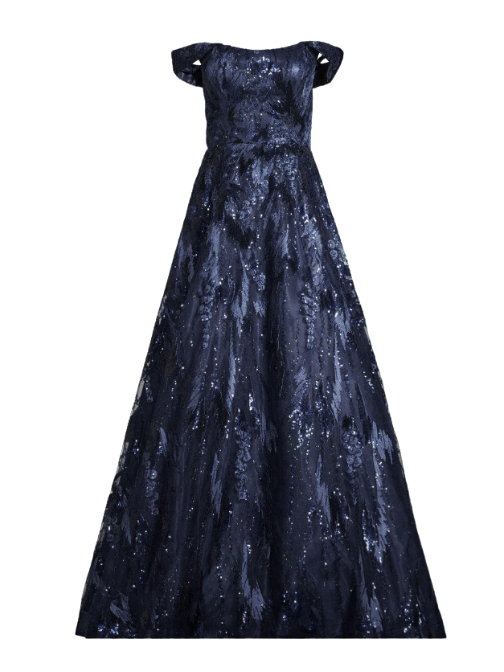Sequin-Embroidered Off-The-Shoulder Gown Blue