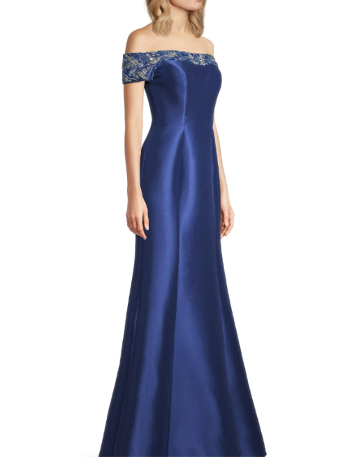 Beaded Off-The-Shoulder Gown Blue