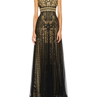 Embroidered Sleeveless Column Gown Gold