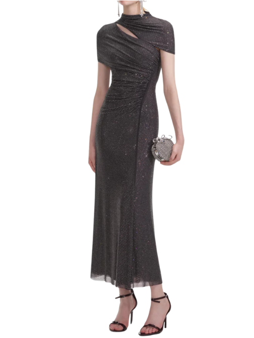 Slate Rhinestone Mesh Cut Out Midi Dress Grey