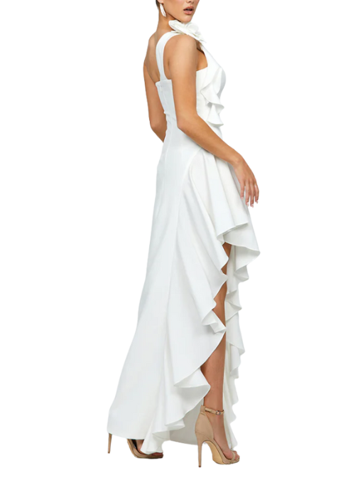 Lattice One Shoulder Rosette Frill Gown White