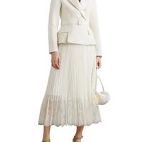 Belted Pleated Satin and Lace-Trimmed Bouclé and Chiffon Midi Dress Cream