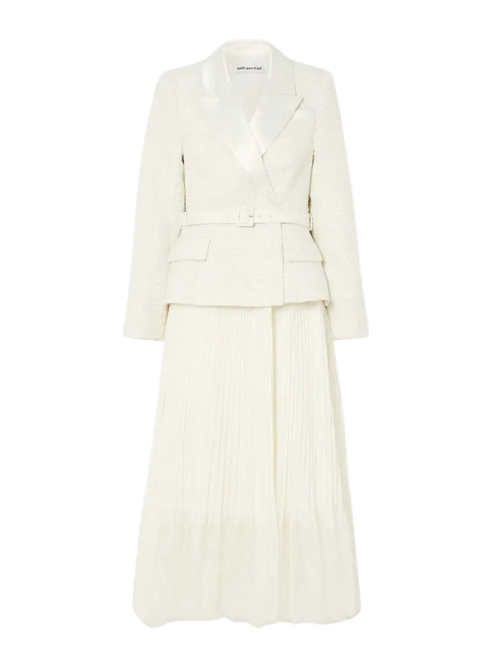 Belted Pleated Satin and Lace-Trimmed Bouclé and Chiffon Midi Dress Cream