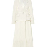 Belted Pleated Satin and Lace-Trimmed Bouclé and Chiffon Midi Dress Cream