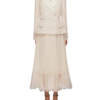Belted Pleated Satin and Lace-Trimmed Bouclé and Chiffon Midi Dress Cream