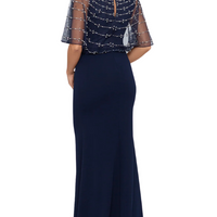 Long Scuba Crepe With Bead Overlay Dress Blue