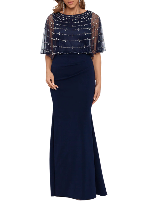 Long Scuba Crepe With Bead Overlay Dress Blue