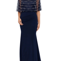 Long Scuba Crepe With Bead Overlay Dress Blue