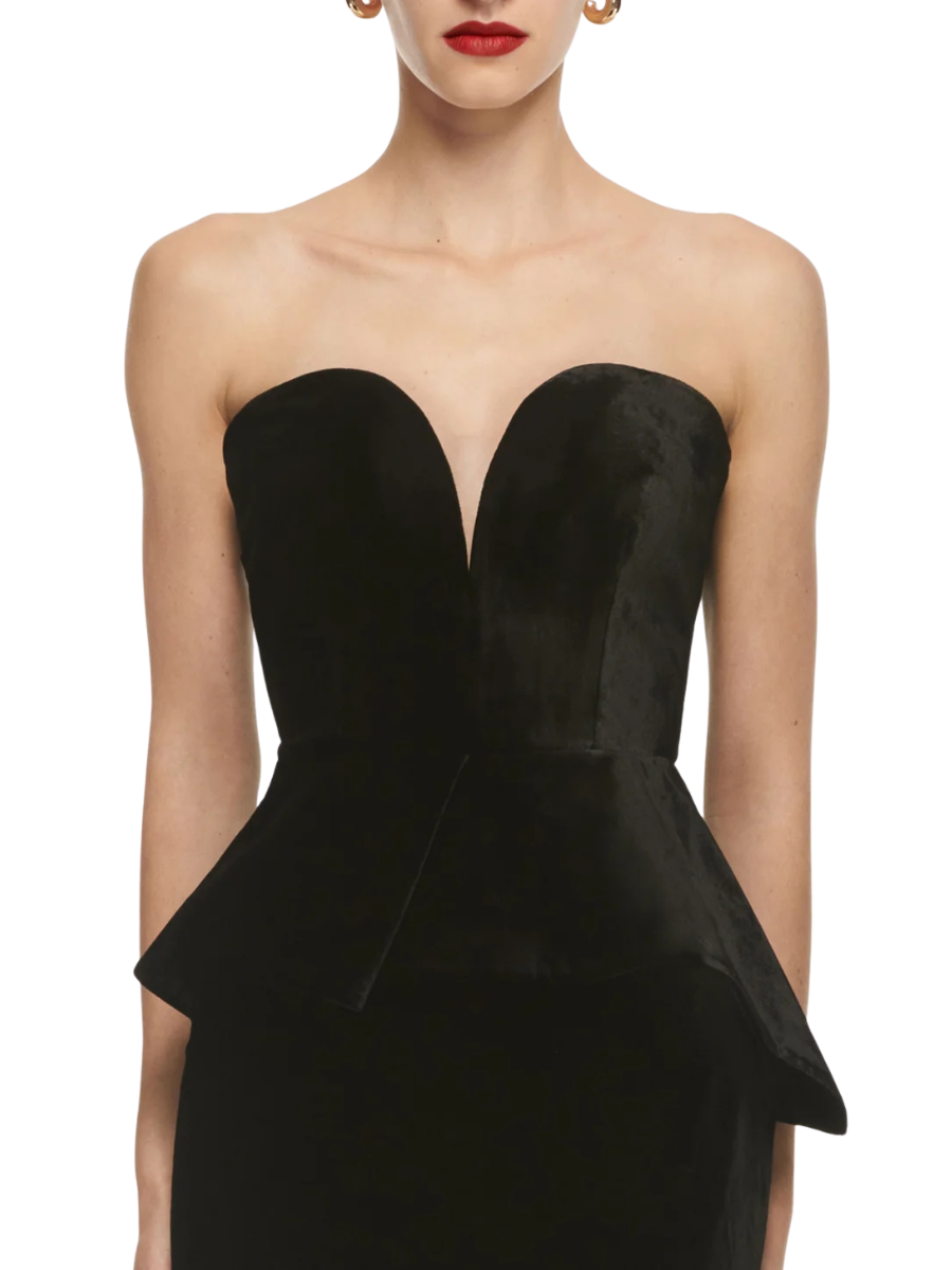 Strapless Velvet Peplum Gown Black