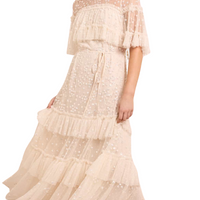Leila Dot Tiered Cape Ankle Gown Champagne