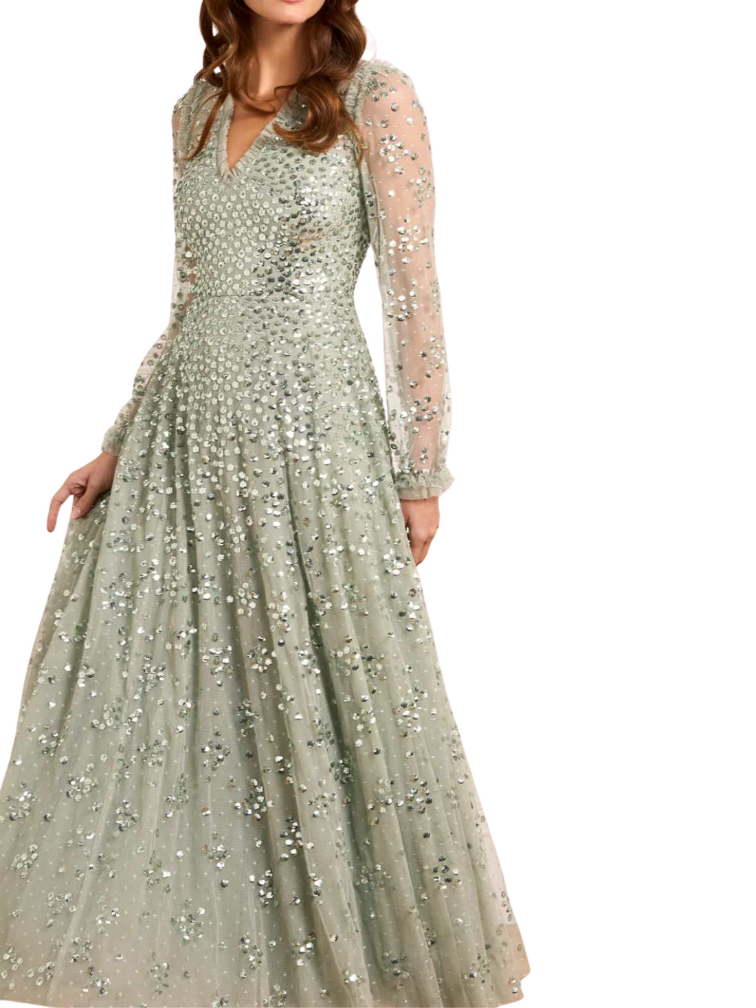 Leila Dot V-Neck Ankle Gown Green