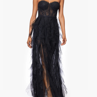 Angelina" Long Strapless Mesh Ruffle Dress