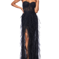 Angelina" Long Strapless Mesh Ruffle Dress