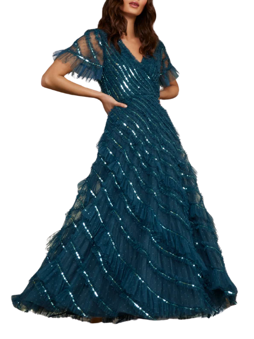 Spiral Sequin V-Neck Ankle Gown