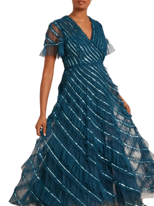 Spiral Sequin V-Neck Ankle Gown