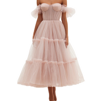 Ruffled Tulle Midi Dress Pink