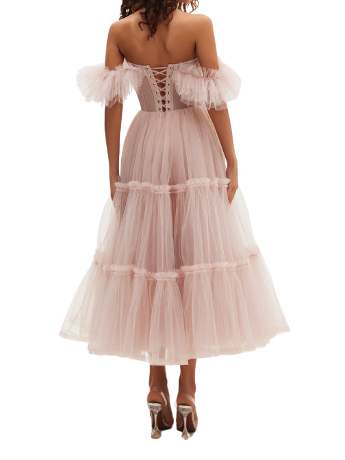 Ruffled Tulle Midi Dress Pink