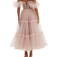Ruffled Tulle Midi Dress Pink