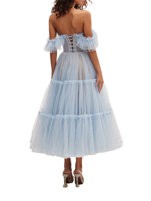 Ruffled Tulle Midi Dress Blue