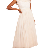 Raindrop Bodice One-Shoulder Ankle Gown Champagne