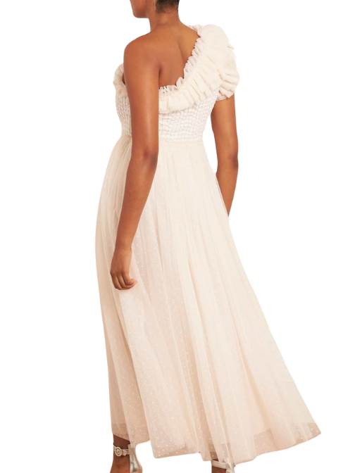 Raindrop Bodice One-Shoulder Ankle Gown Champagne