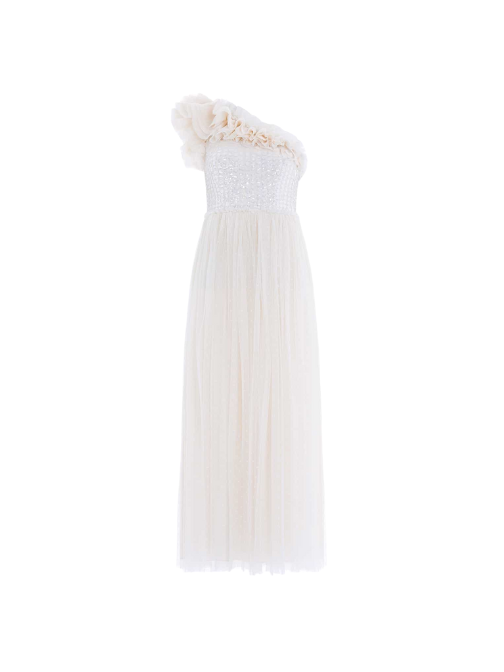 Raindrop Bodice One-Shoulder Ankle Gown Champagne