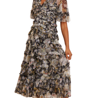 Moonlight Petals floral-print tulle midi dress Black