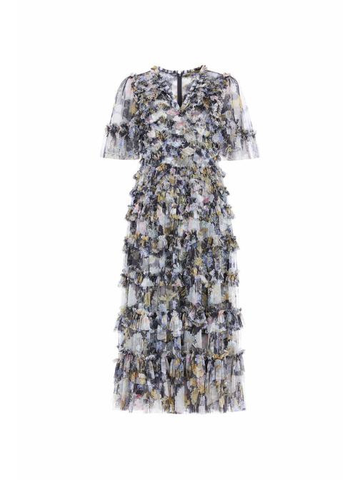 Moonlight Petals floral-print tulle midi dress Black