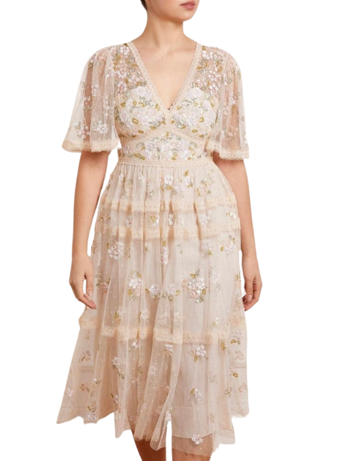 Shimmer Primrose Midi Dress Champagne