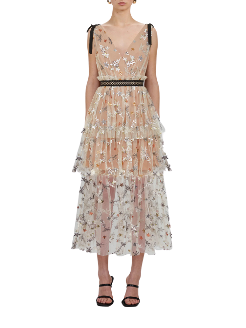 Star Mesh Midi Dress Beige