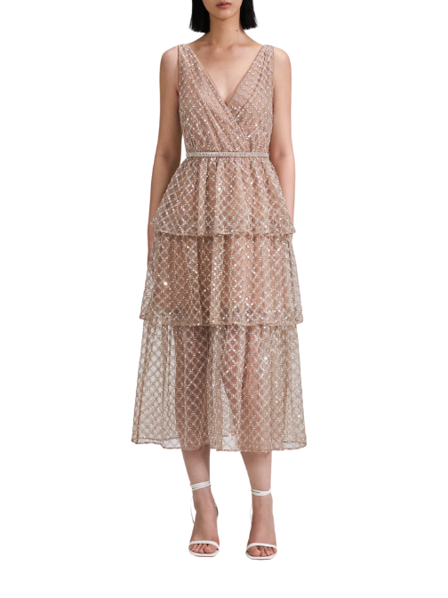 Tan Grid Sequin Tiered Midi Dress Beige