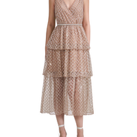 Tan Grid Sequin Tiered Midi Dress Beige