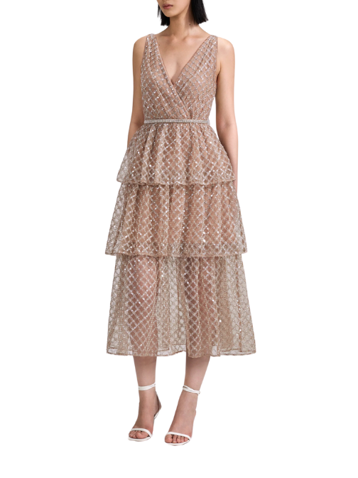 Tan Grid Sequin Tiered Midi Dress Beige