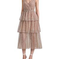 Tan Grid Sequin Tiered Midi Dress Beige
