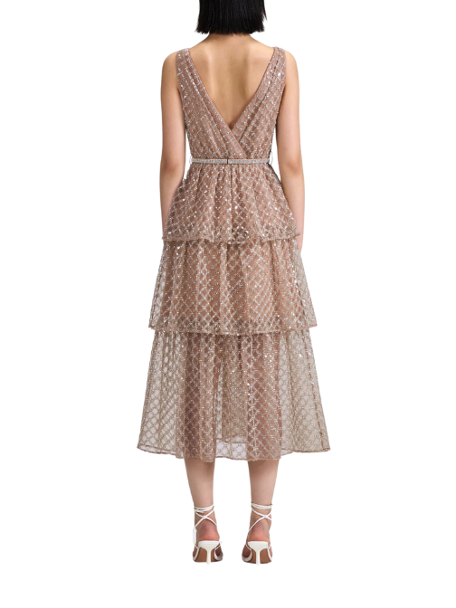 Tan Grid Sequin Tiered Midi Dress Beige