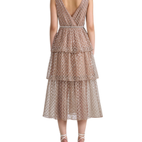 Tan Grid Sequin Tiered Midi Dress Beige
