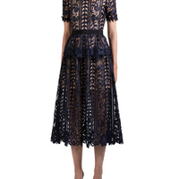 Navy Lace Midi Dress Blue